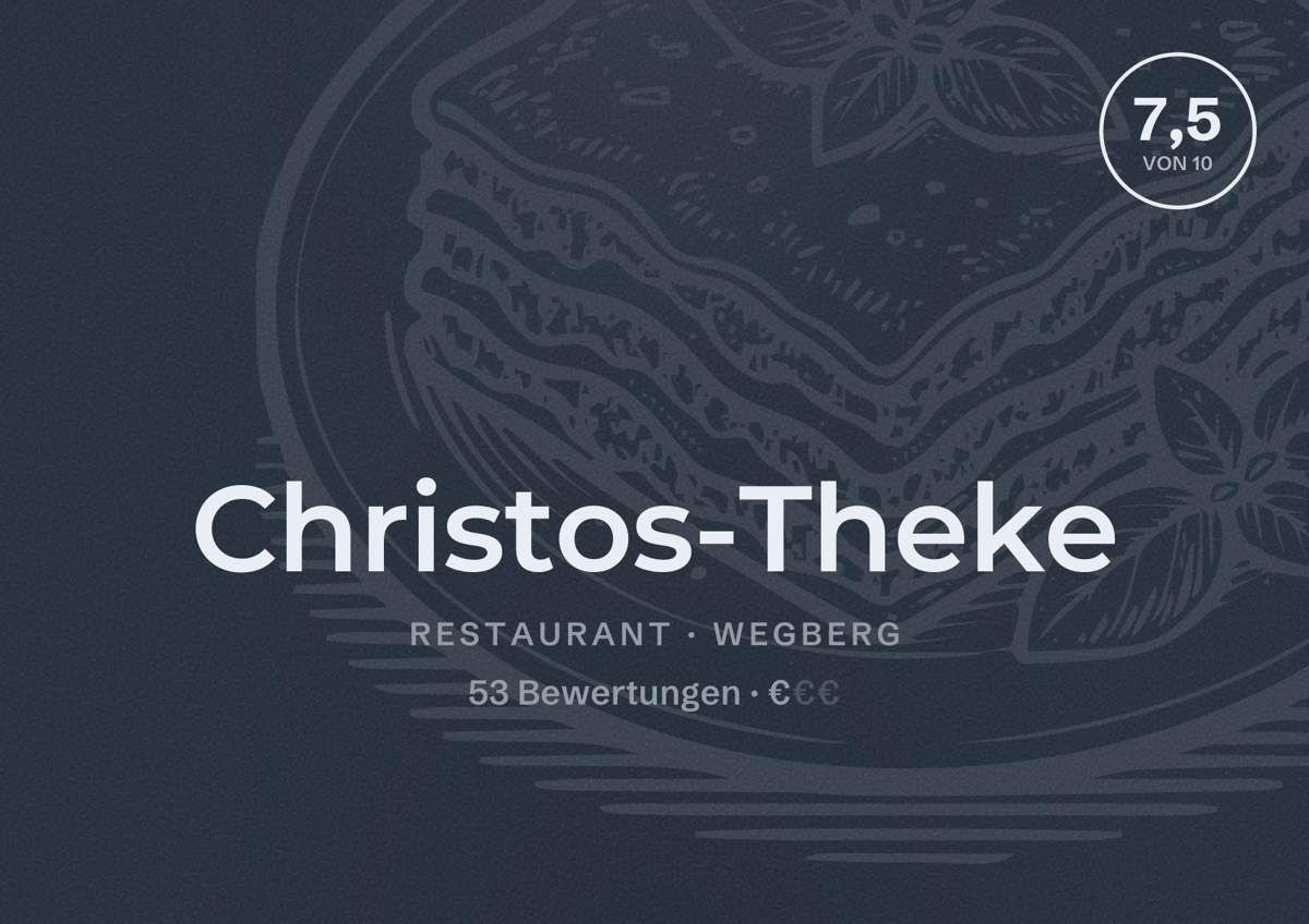 Illustriertes Poster von Christos-Theke, Restaurant in Wegberg: Bewertung 7,5 von 10 aus 53 Bewertungen, Preisniveau €