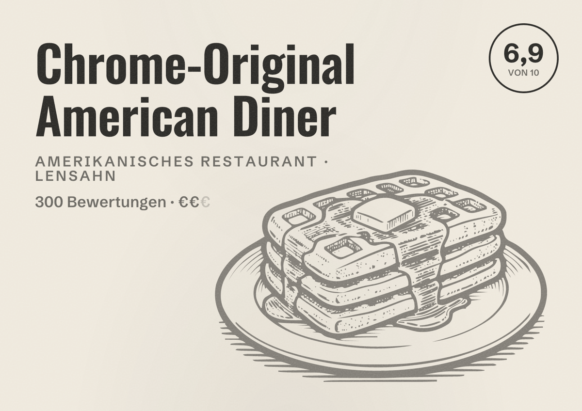 Illustriertes Poster von Chrome-Original American Diner, Amerikanisches Restaurant in Lensahn: Bewertung 6,9 von 10 aus 300 Bewertungen, Preisniveau €€