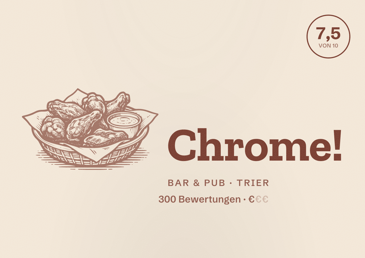 Illustriertes Poster von Chrome!, Bar & Pub in Trier: Bewertung 7,5 von 10 aus 300 Bewertungen, Preisniveau €