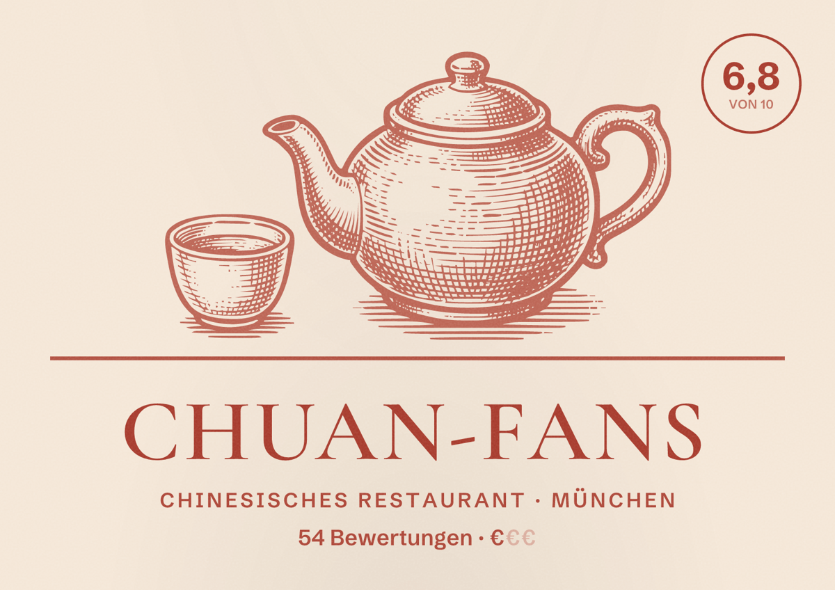 Illustriertes Poster von CHUAN-FANS, Chinesisches Restaurant in München: Bewertung 6,8 von 10 aus 54 Bewertungen, Preisniveau €