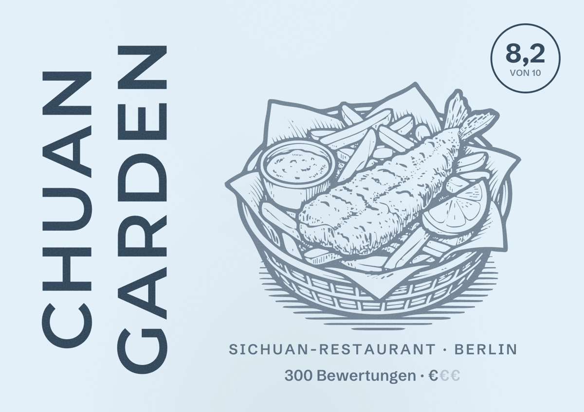 Illustriertes Poster von Chuan Garden, Sichuan-Restaurant in Berlin: Bewertung 8,2 von 10 aus 300 Bewertungen, Preisniveau €
