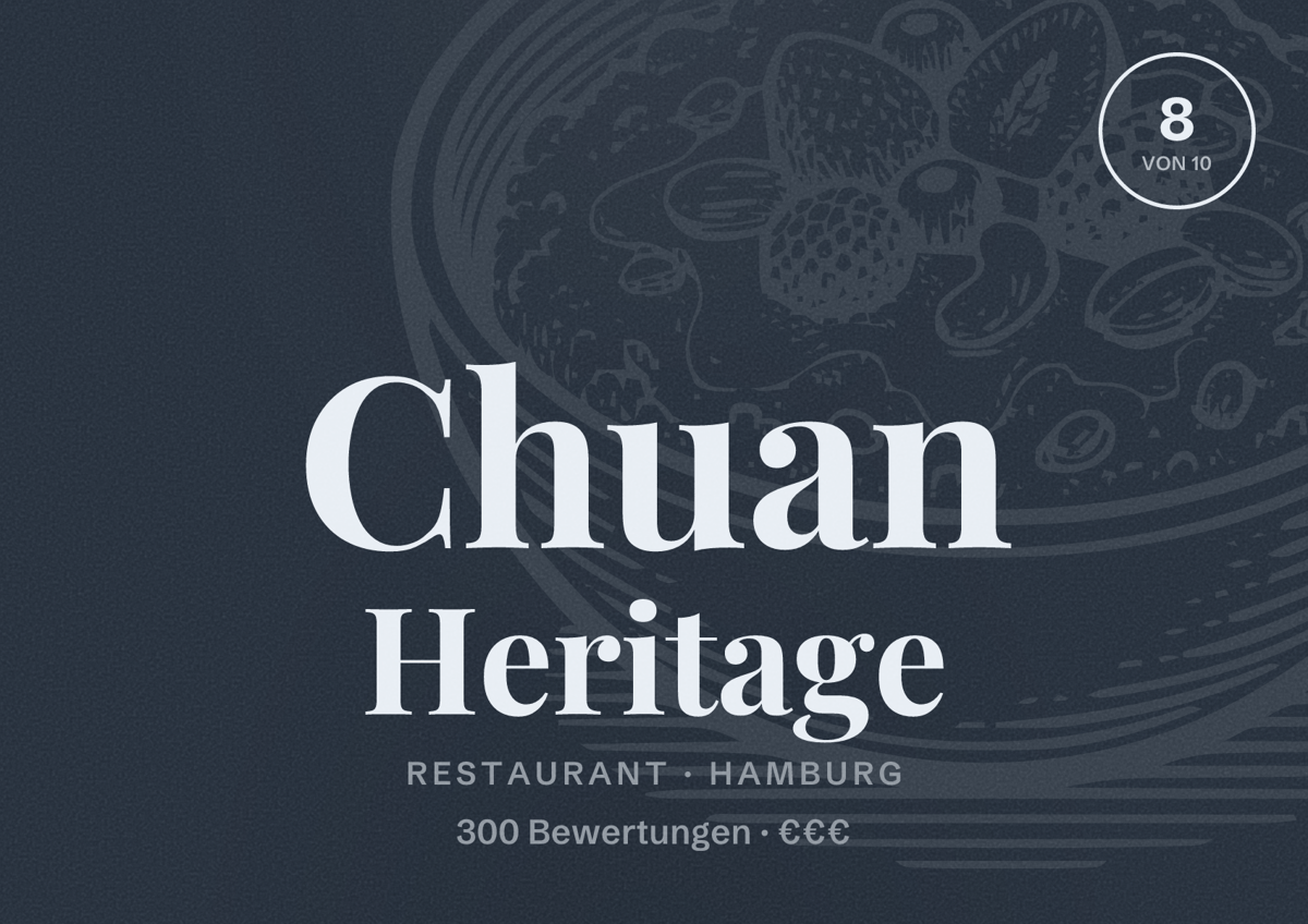 Illustriertes Poster von Chuan Heritage, Restaurant in Hamburg: Bewertung 8,0 von 10 aus 300 Bewertungen, Preisniveau €€€