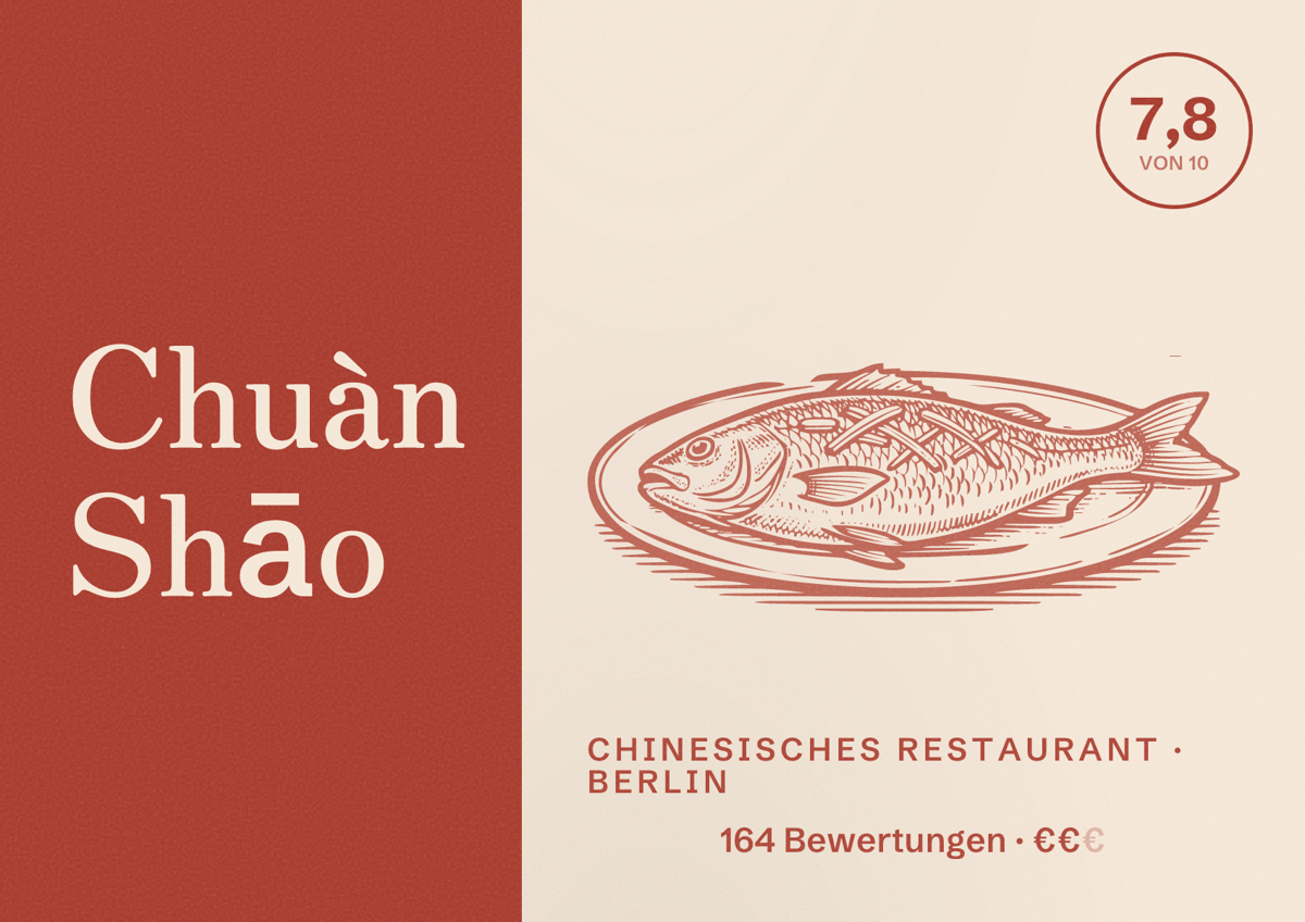 Illustriertes Poster von Chuàn Shāo, Chinesisches Restaurant in Berlin: Bewertung 7,8 von 10 aus 164 Bewertungen, Preisniveau €€