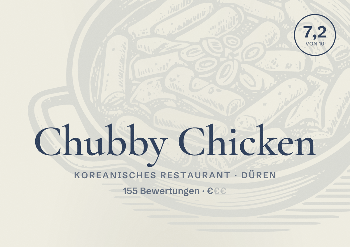 Illustriertes Poster von Chubby Chicken, Koreanisches Restaurant in Düren: Bewertung 7,2 von 10 aus 155 Bewertungen, Preisniveau €