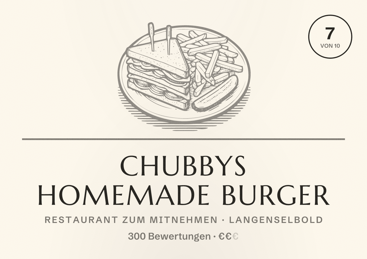 Illustriertes Poster von Chubbys Homemade Burger, Restaurant zum Mitnehmen in Langenselbold: Bewertung 7 von 10 aus 300 Bewertungen, Preisniveau €€