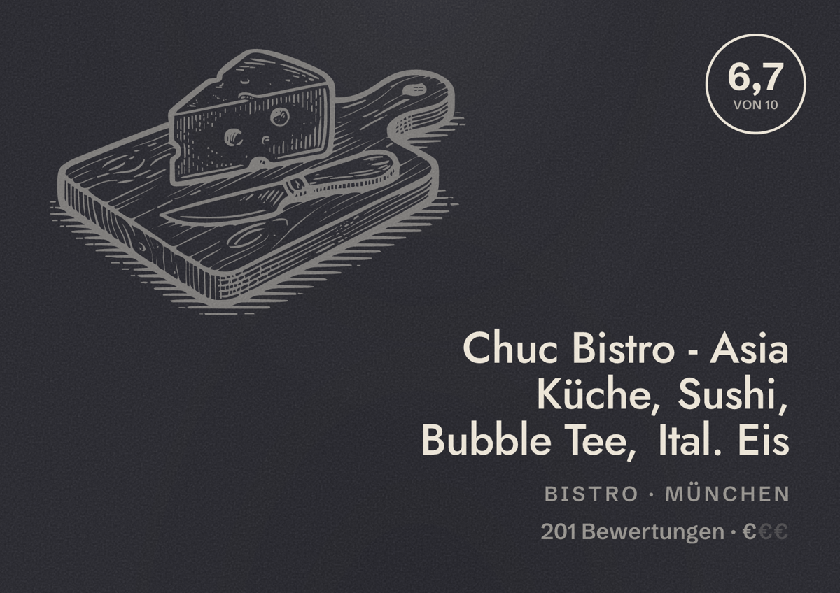Illustriertes Poster von Chuc Bistro - Asia Küche, Sushi, Bubble Tee, Ital. Eis, Bistro in München: Bewertung 6,7 von 10 aus 201 Bewertungen, Preisniveau €