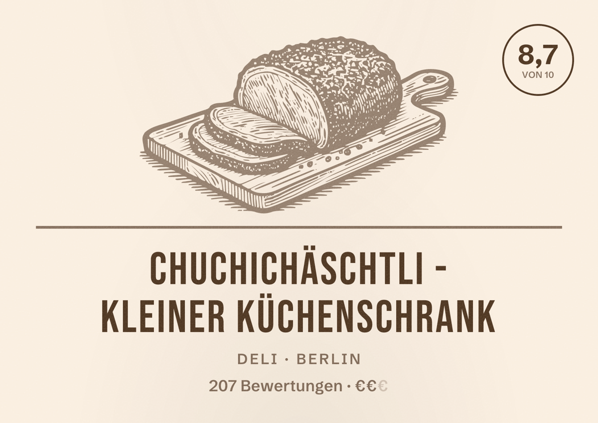 Illustriertes Poster von Chuchichäschtli - Kleiner Küchenschrank, Deli in Berlin: Bewertung 8,7 von 10 aus 207 Bewertungen, Preisniveau €€