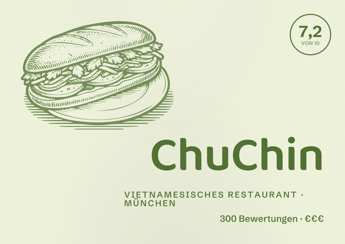 Illustriertes Poster von ChuChin, Vietnamesisches Restaurant in München: Bewertung 7,2 von 10 aus 300 Bewertungen, Preisniveau €€€