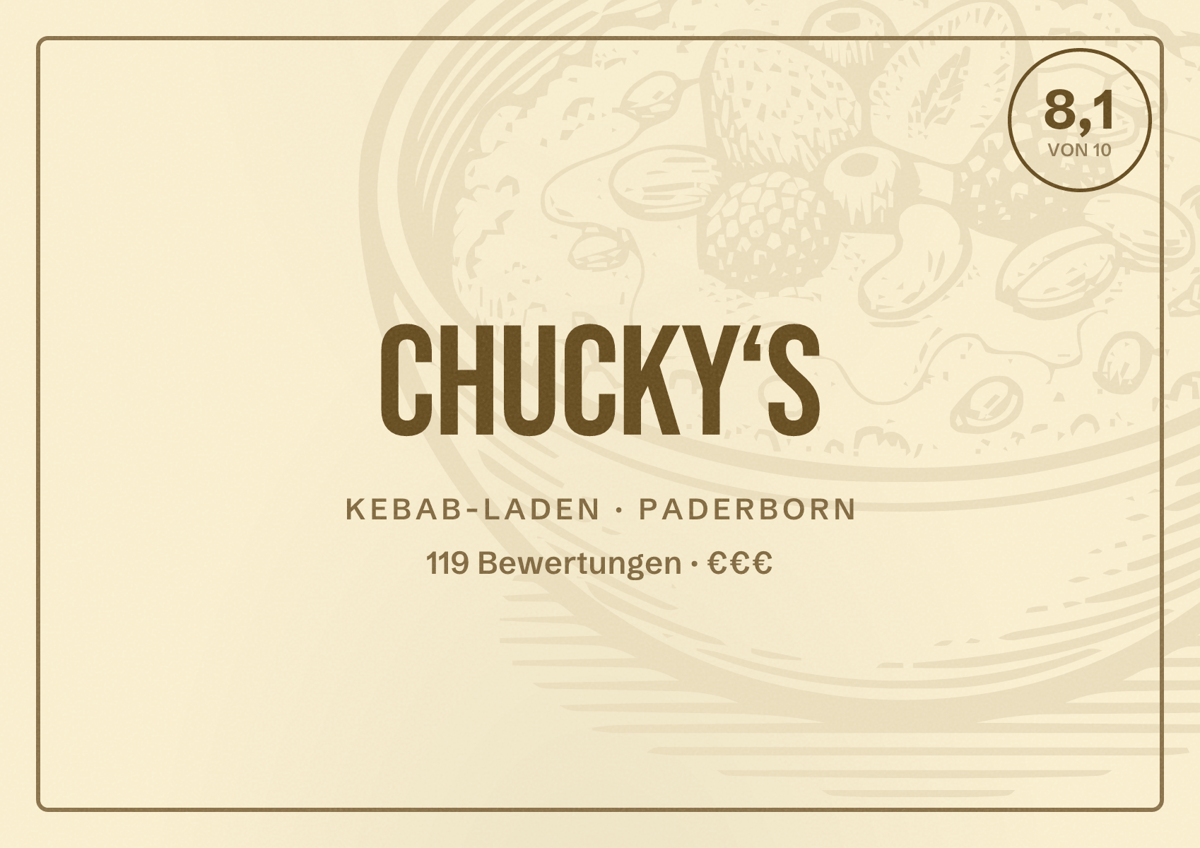 Illustriertes Poster von Chucky‘s, Kebab-Laden in Paderborn: Bewertung 8,1 von 10 aus 119 Bewertungen, Preisniveau €€€