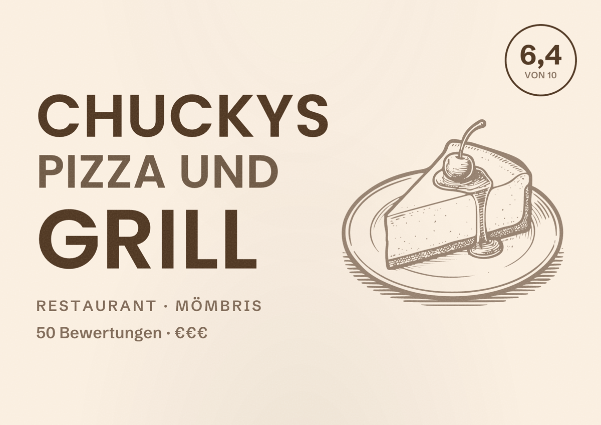 Illustriertes Poster von Chuckys Pizza und Grill, Restaurant in Mömbris: Bewertung 6,4 von 10 aus 50 Bewertungen, Preisniveau €€€