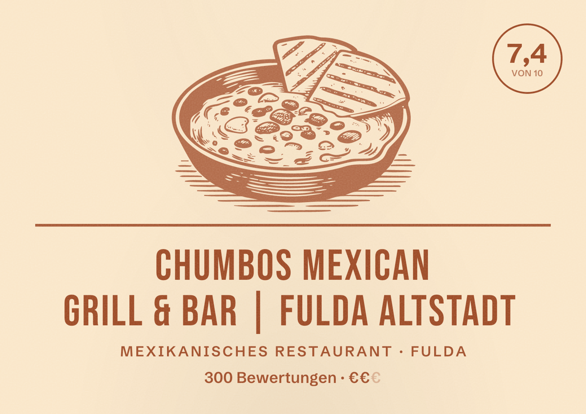 Illustriertes Poster von Chumbos Mexican Grill & Bar | Fulda ALTSTADT, Mexikanisches Restaurant in Fulda: Bewertung 7,4 von 10 aus 300 Bewertungen, Preisniveau €€