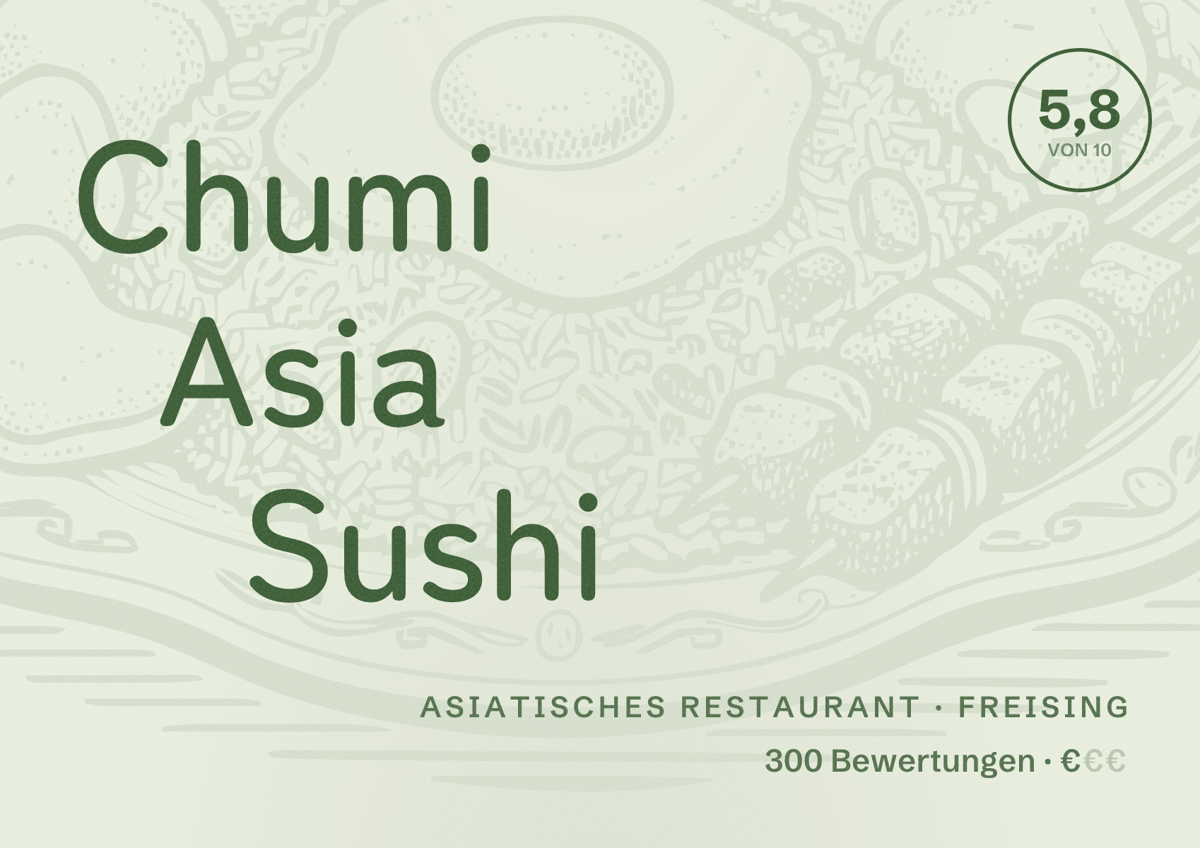 Illustriertes Poster von Chumi Asia Sushi, Asiatisches Restaurant in Freising: Bewertung 5,8 von 10 aus 300 Bewertungen, Preisniveau €