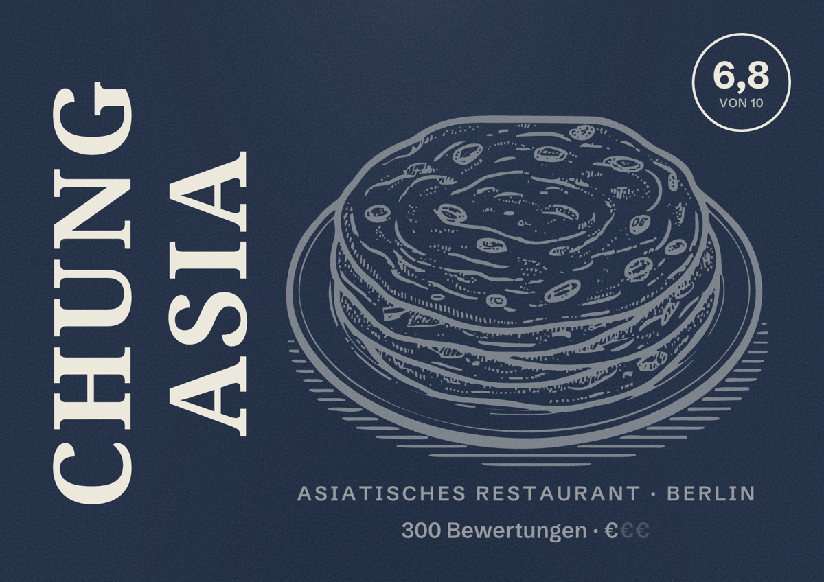 Illustriertes Poster von Chung Asia, Asiatisches Restaurant in Berlin: Bewertung 6,8 von 10 aus 300 Bewertungen, Preisniveau €