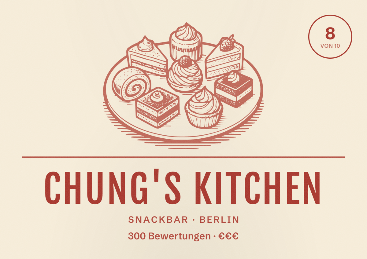 Illustriertes Poster von Chung's Kitchen, Snackbar in Berlin: Bewertung 8,0 von 10 aus 300 Bewertungen, Preisniveau €€€