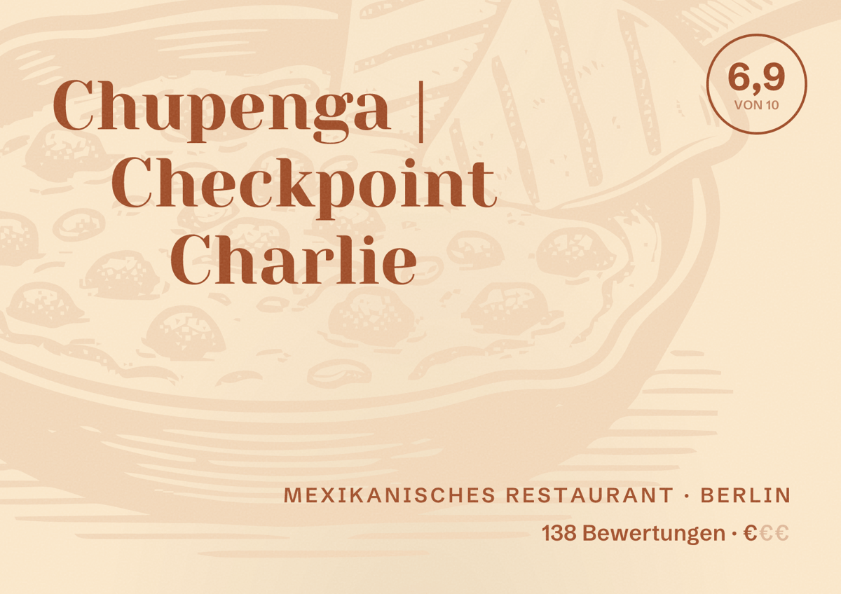 Illustriertes Poster von Chupenga | Checkpoint Charlie, Mexikanisches Restaurant in Berlin: Bewertung 6,9 von 10 aus 138 Bewertungen, Preisniveau €