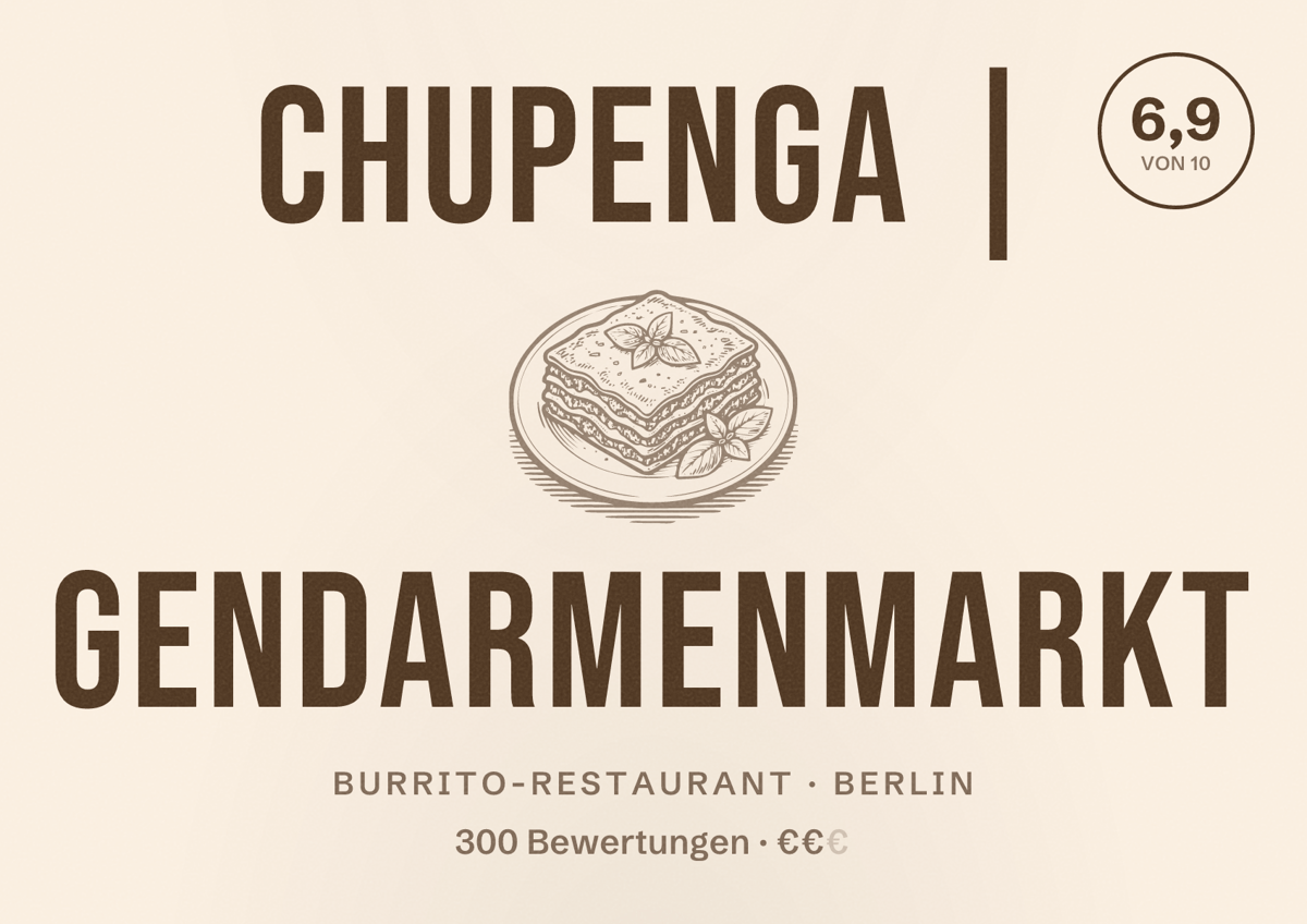 Illustriertes Poster von Chupenga | Gendarmenmarkt, Burrito-Restaurant in Berlin: Bewertung 6,9 von 10 aus 300 Bewertungen, Preisniveau €€