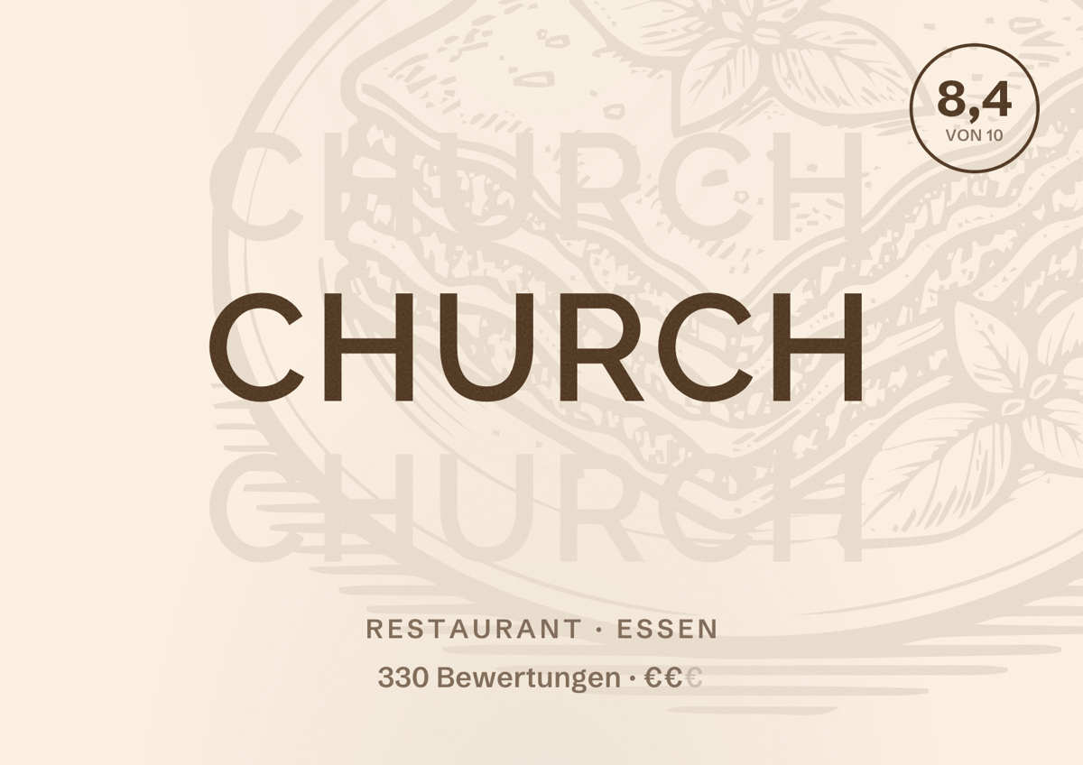 Illustriertes Poster von Church, Restaurant in Essen: Bewertung 8,4 von 10 aus 330 Bewertungen, Preisniveau €€