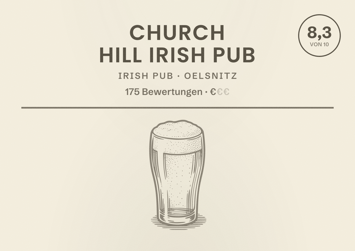 Illustriertes Poster von Church Hill Irish Pub, Irish Pub in Oelsnitz: Bewertung 8,3 von 10 aus 175 Bewertungen, Preisniveau €