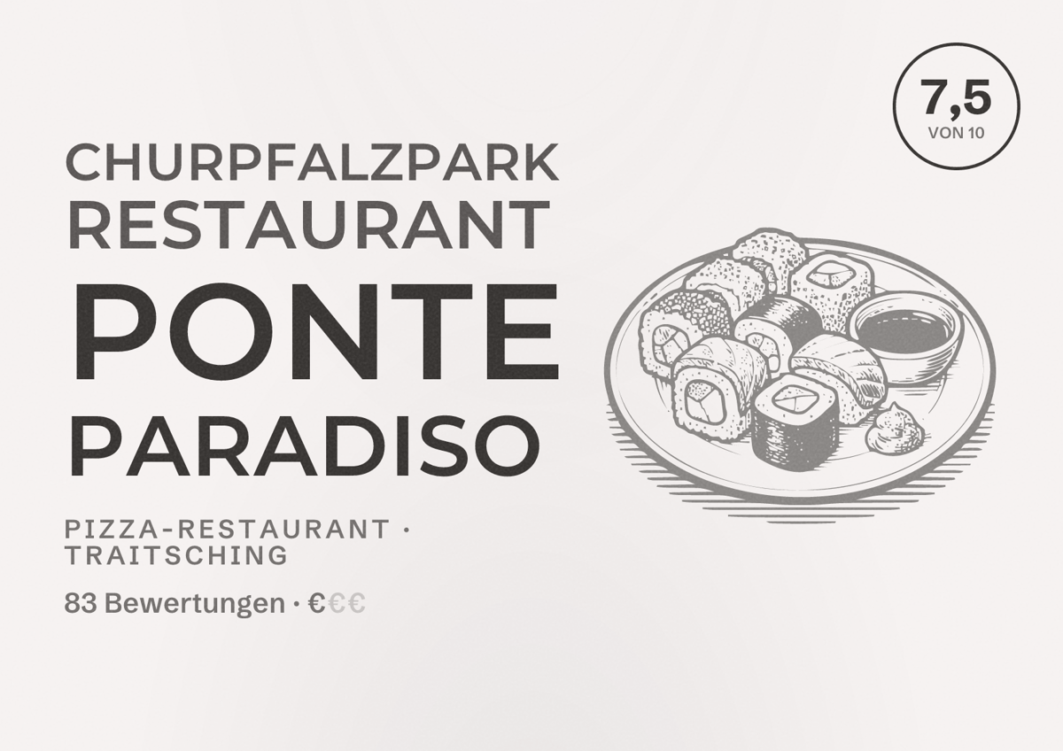 Illustriertes Poster von Churpfalzpark Restaurant Ponte Paradiso, Pizza-Restaurant in Traitsching: Bewertung 7,5 von 10 aus 83 Bewertungen, Preisniveau €