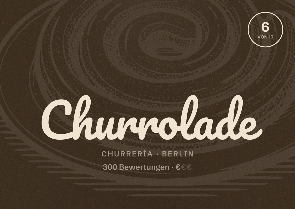 Illustriertes Poster von Churrolade, Churrería in Berlin: Bewertung 6,0 von 10 aus 300 Bewertungen, Preisniveau €