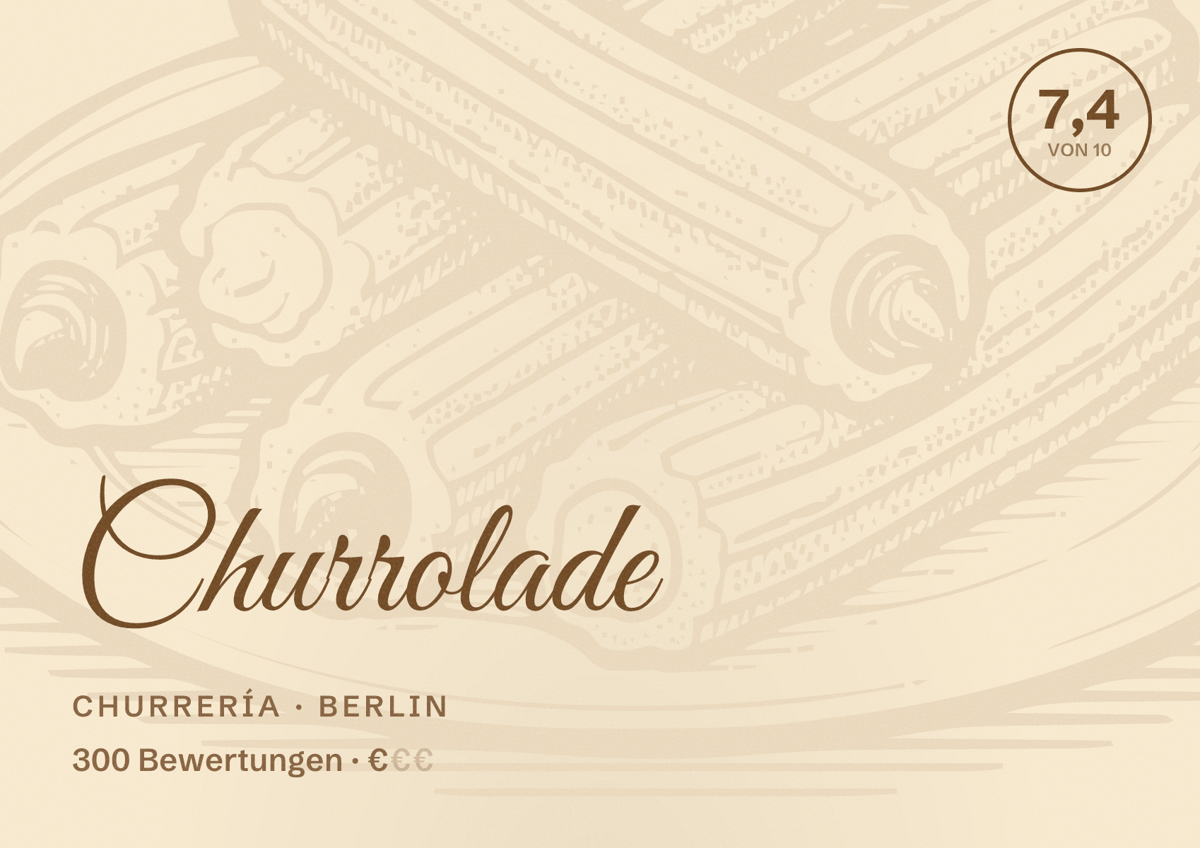 Illustriertes Poster von Churrolade, Churrería in Berlin: Bewertung 7,4 von 10 aus 300 Bewertungen, Preisniveau €