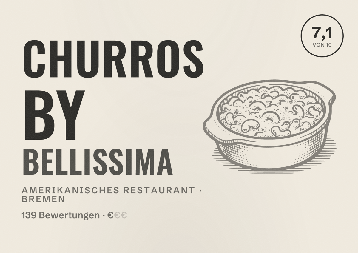 Illustriertes Poster von Churros by Bellissima, Amerikanisches Restaurant in Bremen: Bewertung 7,1 von 10 aus 139 Bewertungen, Preisniveau €