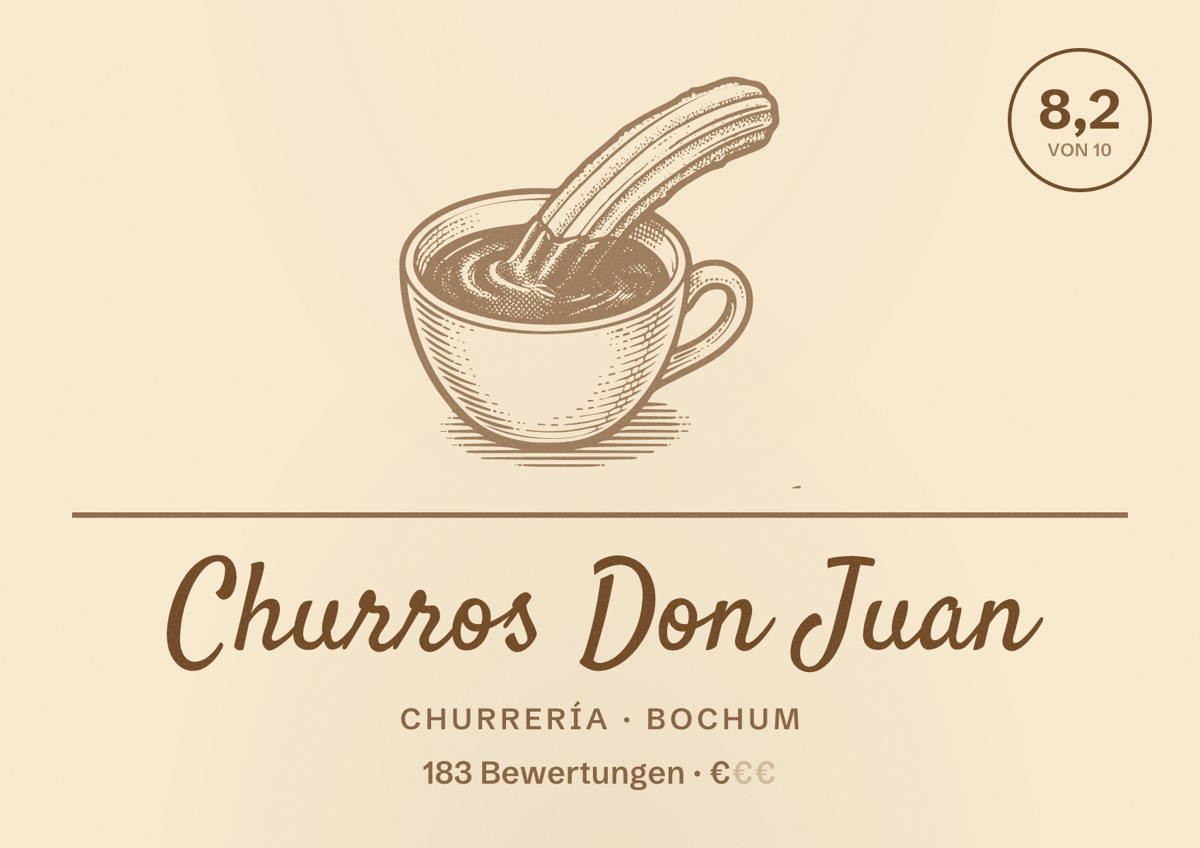 Illustriertes Poster von Churros Don Juan, Churrería in Bochum: Bewertung 8,2 von 10 aus 183 Bewertungen, Preisniveau €