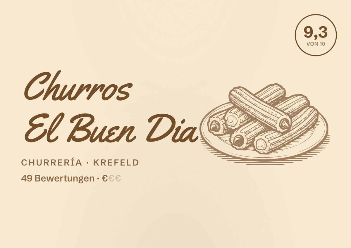 Illustriertes Poster von Churros El Buen Dia, Churrería in Krefeld: Bewertung 9,3 von 10 aus 49 Bewertungen, Preisniveau €