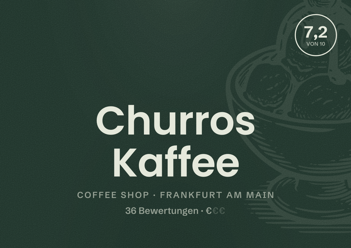 Illustriertes Poster von Churros Kaffee, Coffee Shop in Frankfurt am Main: Bewertung 7,2 von 10 aus 36 Bewertungen, Preisniveau €
