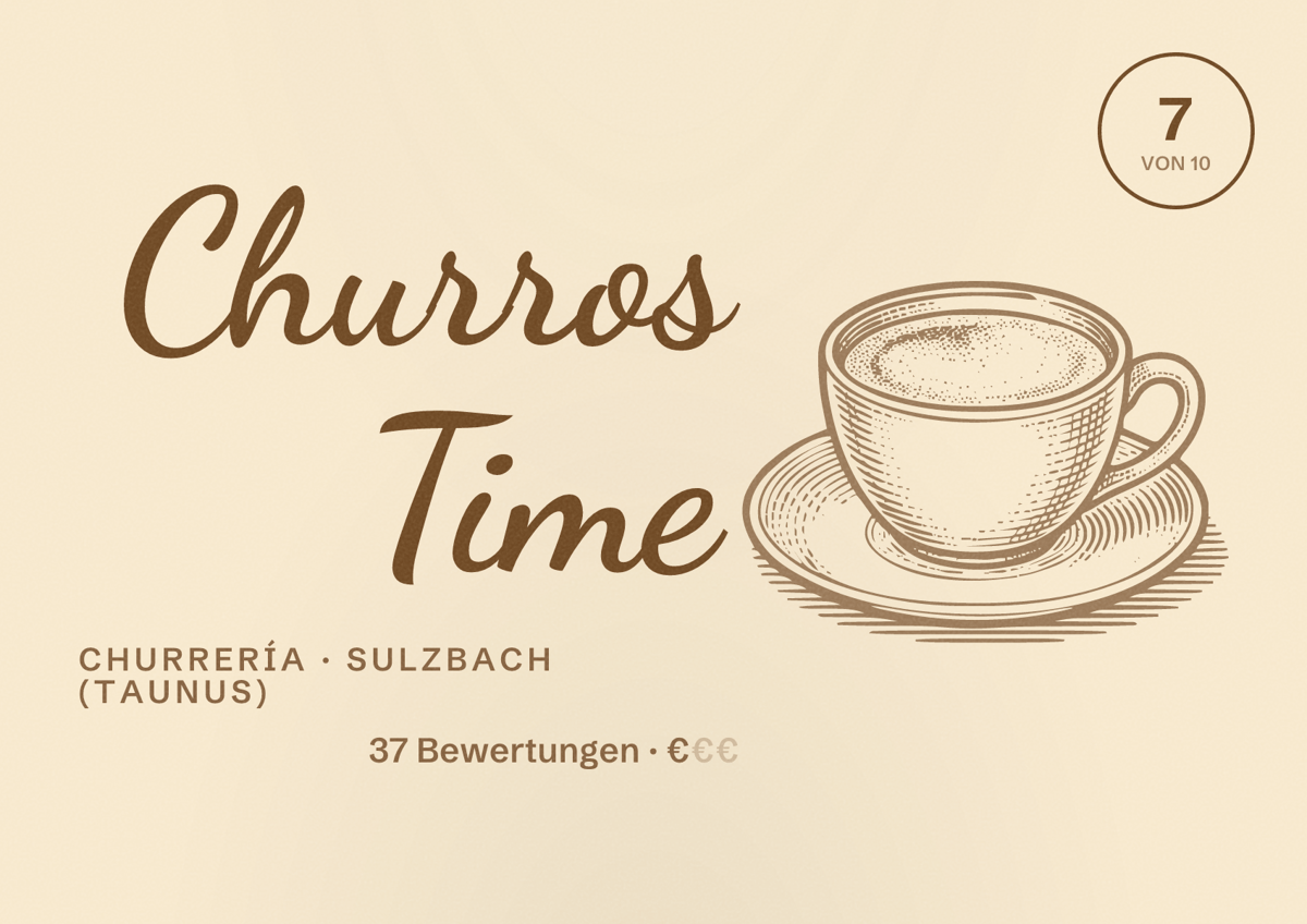 Illustriertes Poster von Churros Time, Churrería in Sulzbach (Taunus): Bewertung 7 von 10 aus 37 Bewertungen, Preisniveau €
