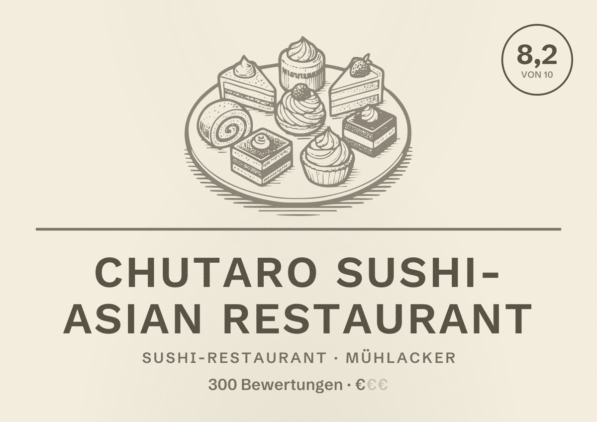 Illustriertes Poster von Chutaro Sushi- Asian Restaurant, Sushi-Restaurant in Mühlacker: Bewertung 8,2 von 10 aus 300 Bewertungen, Preisniveau €