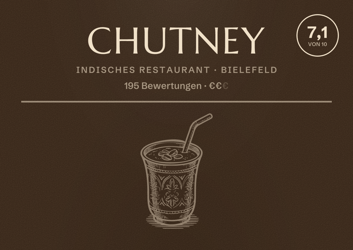 Illustriertes Poster von Chutney, Indisches Restaurant in Bielefeld: Bewertung 7,1 von 10 aus 195 Bewertungen, Preisniveau €€