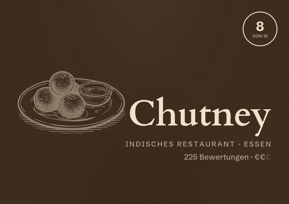 Illustriertes Poster von Chutney, Indisches Restaurant in Essen: Bewertung 8 von 10 aus 225 Bewertungen, Preisniveau €€