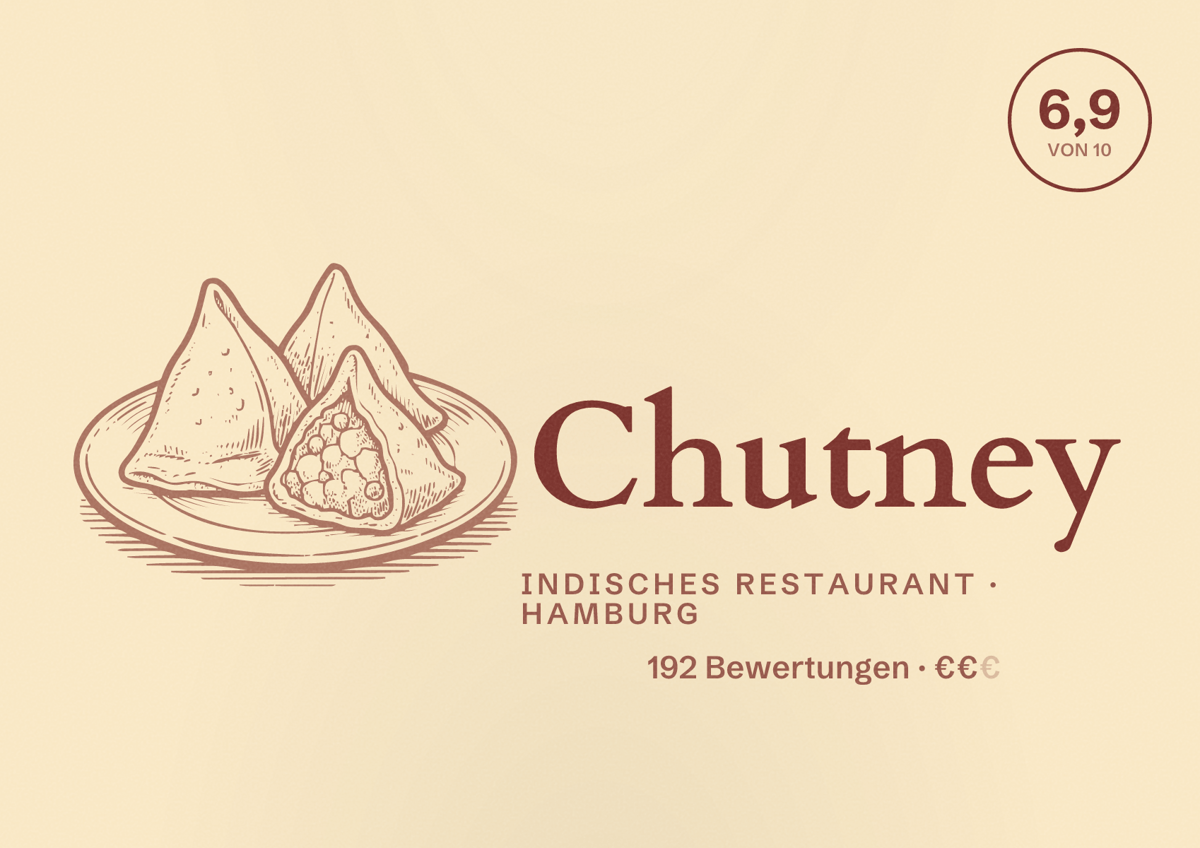 Illustriertes Poster von Chutney, Indisches Restaurant in Hamburg: Bewertung 6,9 von 10 aus 192 Bewertungen, Preisniveau €€