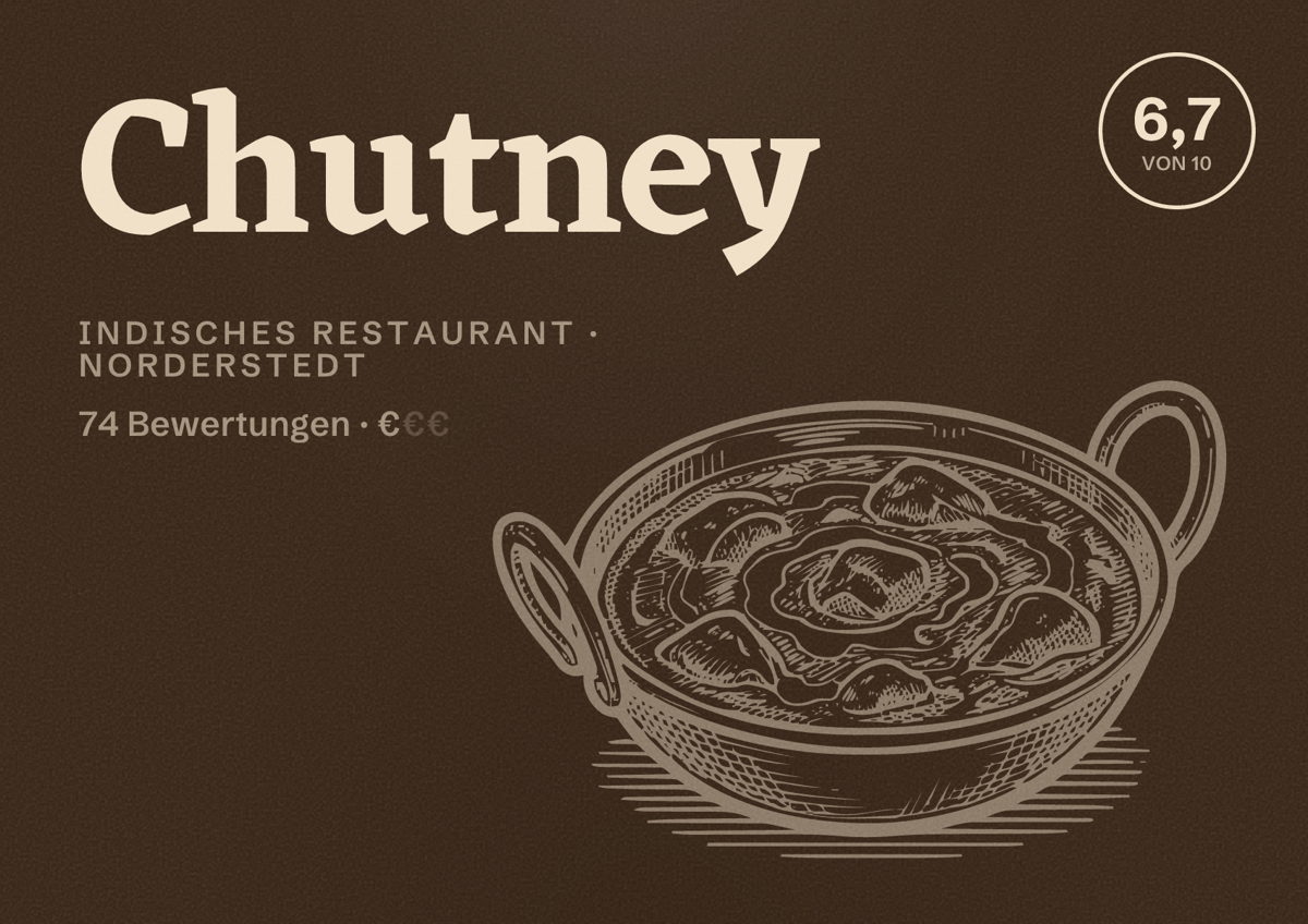 Illustriertes Poster von Chutney, Indisches Restaurant in Norderstedt: Bewertung 6,7 von 10 aus 74 Bewertungen, Preisniveau €