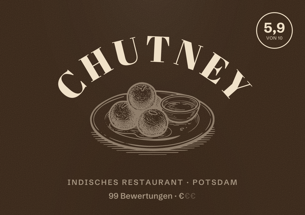 Illustriertes Poster von Chutney, Indisches Restaurant in Potsdam: Bewertung 5,9 von 10 aus 99 Bewertungen, Preisniveau €