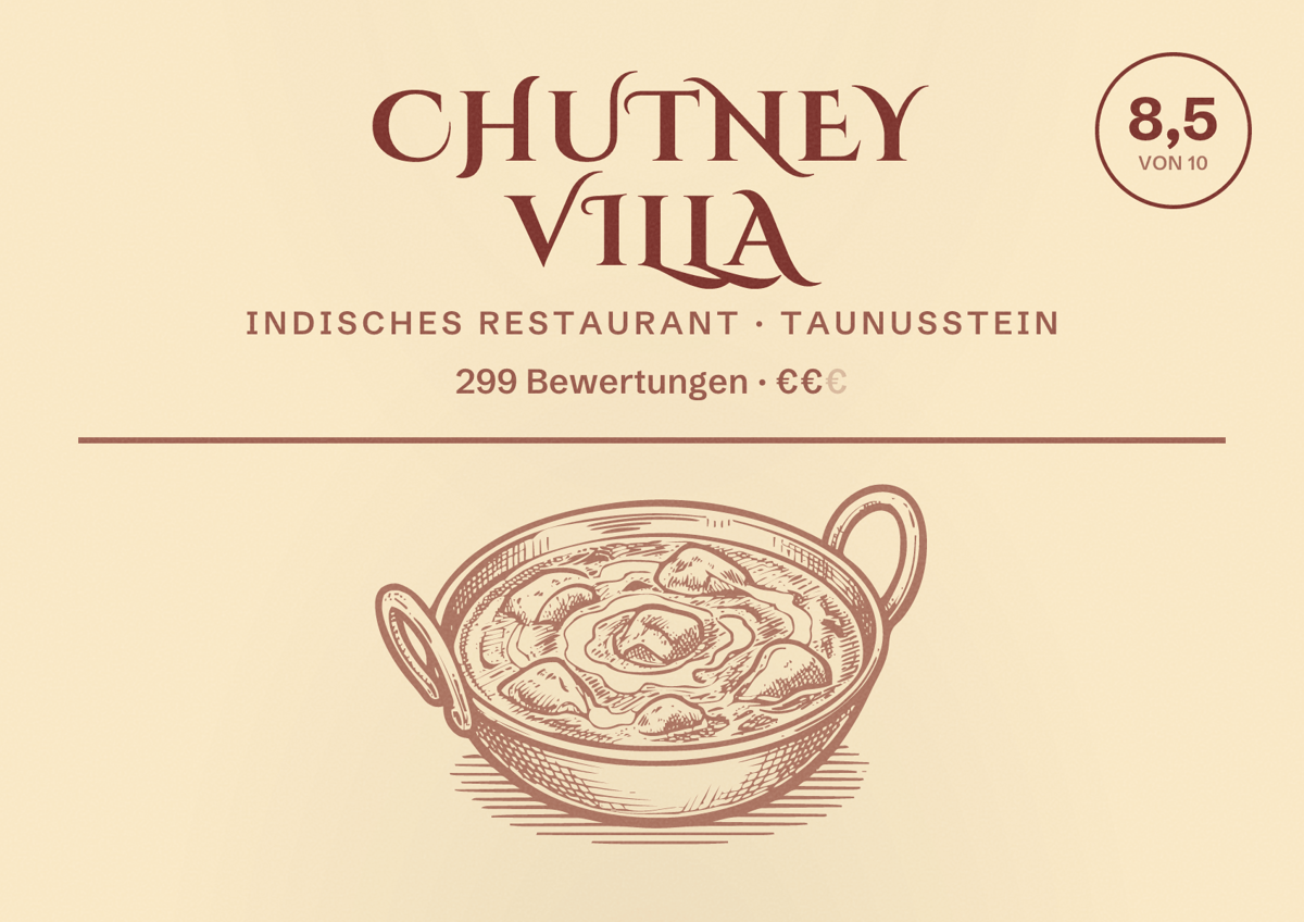 Illustriertes Poster von Chutney Villa, Indisches Restaurant in Taunusstein: Bewertung 8,5 von 10 aus 299 Bewertungen, Preisniveau €€