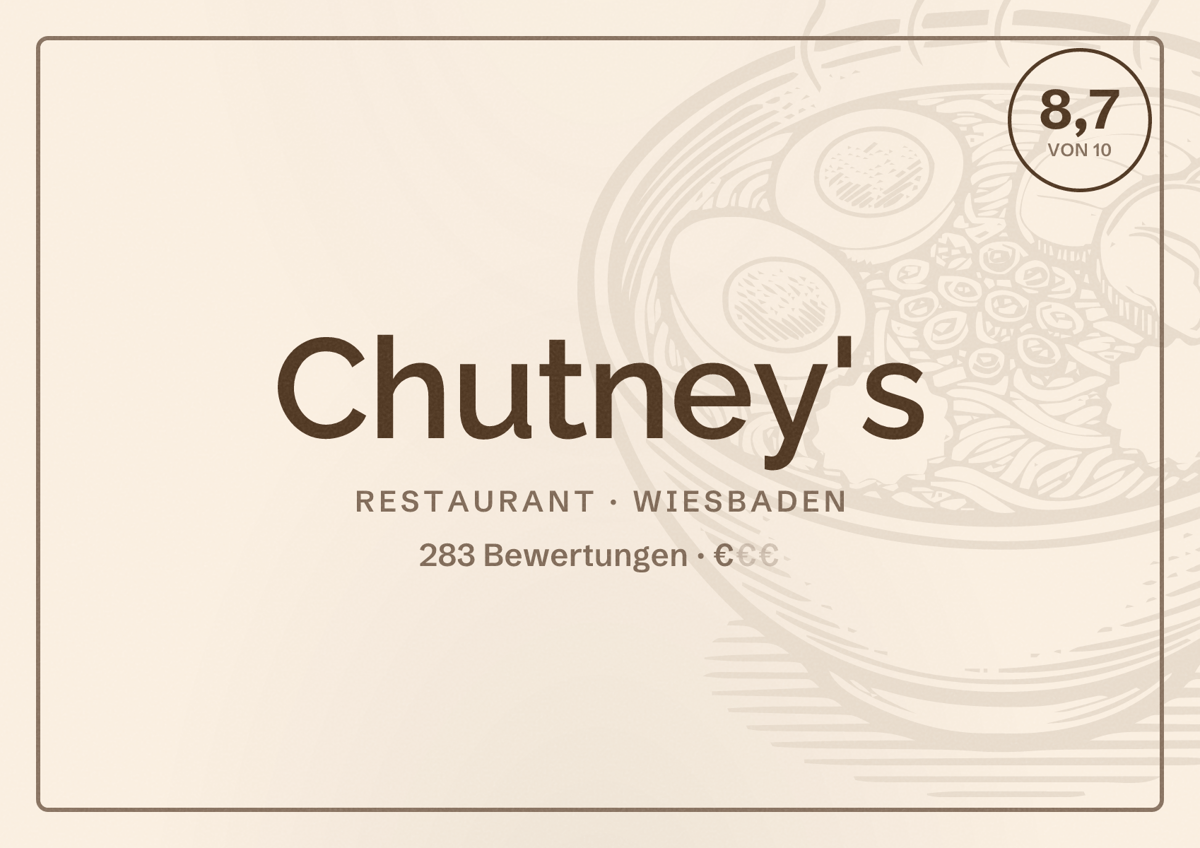 Illustriertes Poster von Chutney's, Restaurant in Wiesbaden: Bewertung 8,7 von 10 aus 283 Bewertungen, Preisniveau €