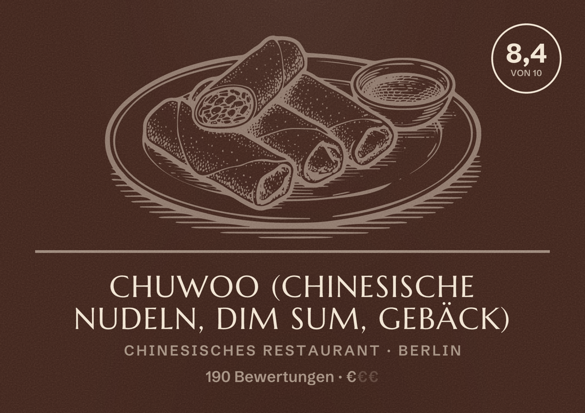 Illustriertes Poster von CHUWOO (Chinesische Nudeln, Dim Sum, Gebäck), Chinesisches Restaurant in Berlin: Bewertung 8,4 von 10 aus 190 Bewertungen, Preisniveau €