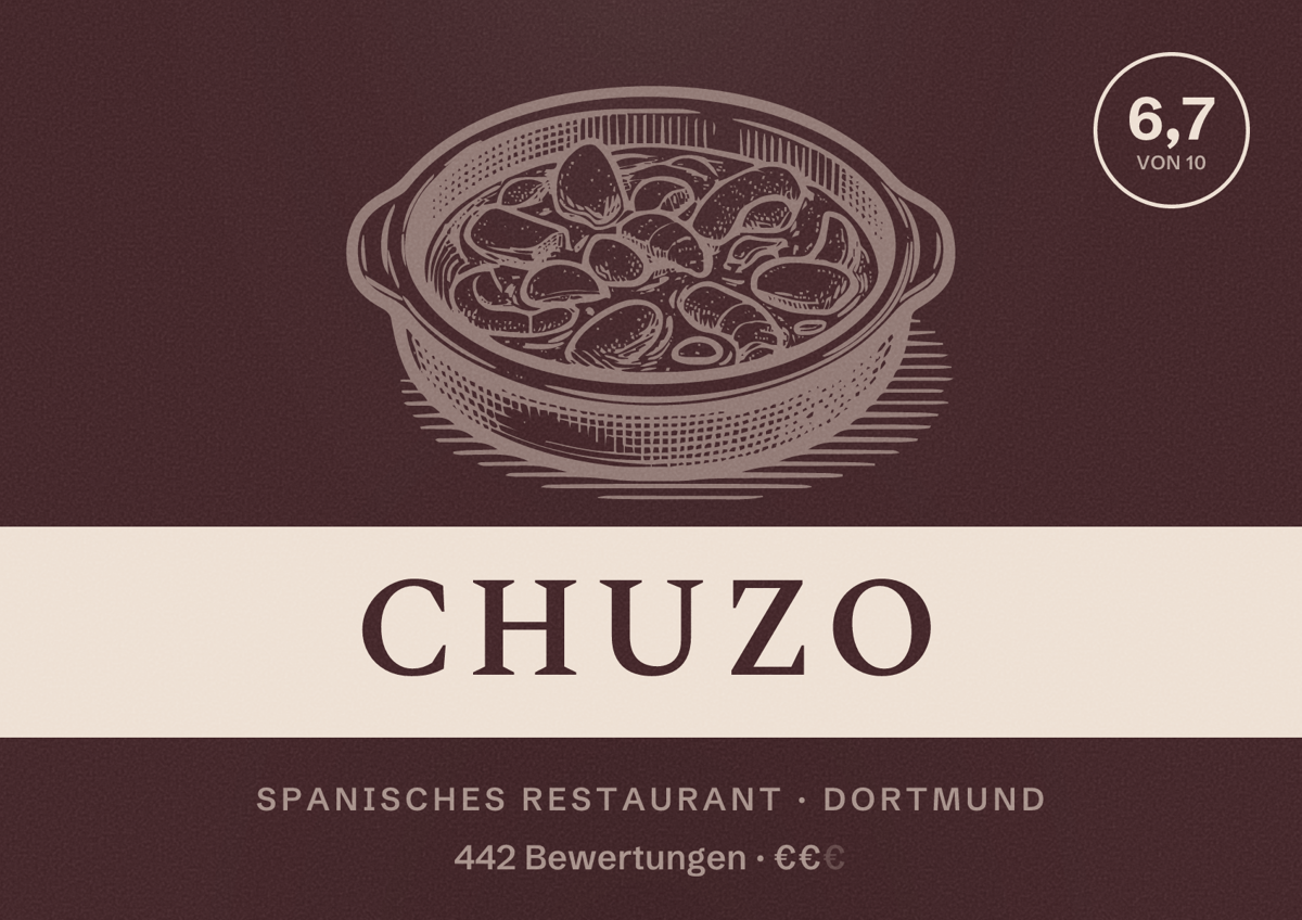 Illustriertes Poster von Chuzo, Spanisches Restaurant in Dortmund: Bewertung 6,7 von 10 aus 442 Bewertungen, Preisniveau €€