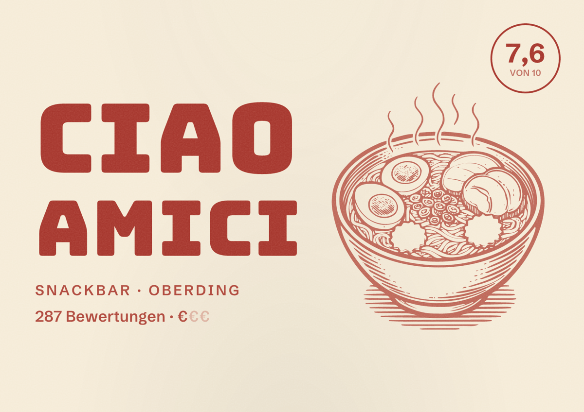 Illustriertes Poster von Ciao Amici, Snackbar in Oberding: Bewertung 7,6 von 10 aus 287 Bewertungen, Preisniveau €