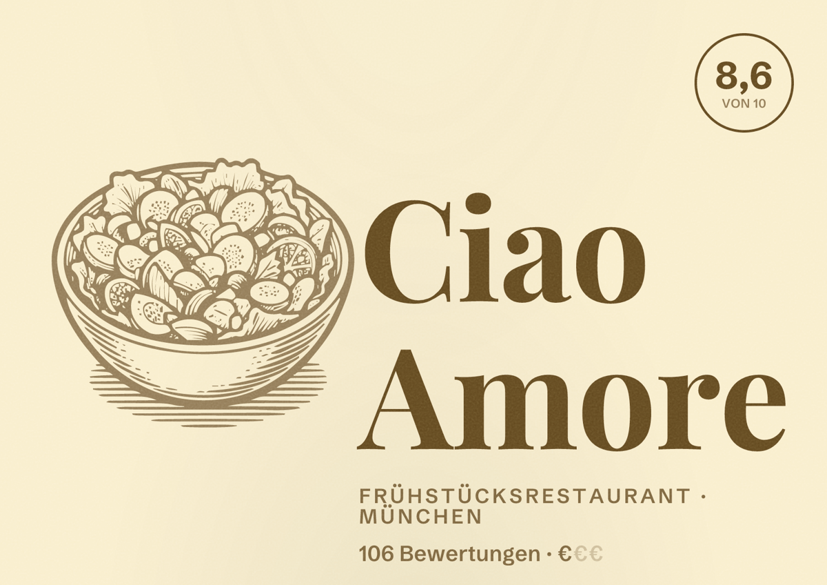 Illustriertes Poster von Ciao Amore, Frühstücksrestaurant in München: Bewertung 8,6 von 10 aus 106 Bewertungen, Preisniveau €