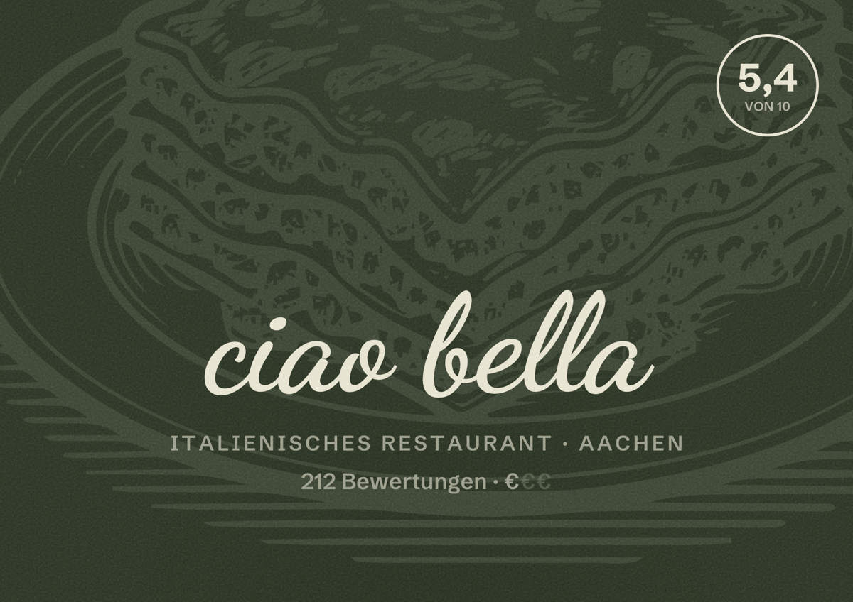 Illustriertes Poster von ciao bella, Italienisches Restaurant in Aachen: Bewertung 5,4 von 10 aus 212 Bewertungen, Preisniveau €