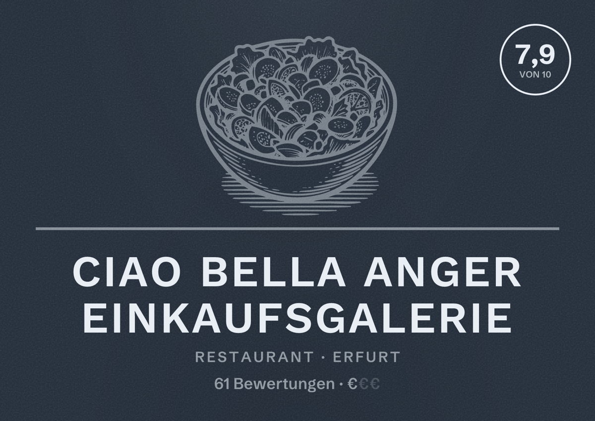 Illustriertes Poster von Ciao Bella Anger Einkaufsgalerie, Restaurant in Erfurt: Bewertung 7,9 von 10 aus 61 Bewertungen, Preisniveau €