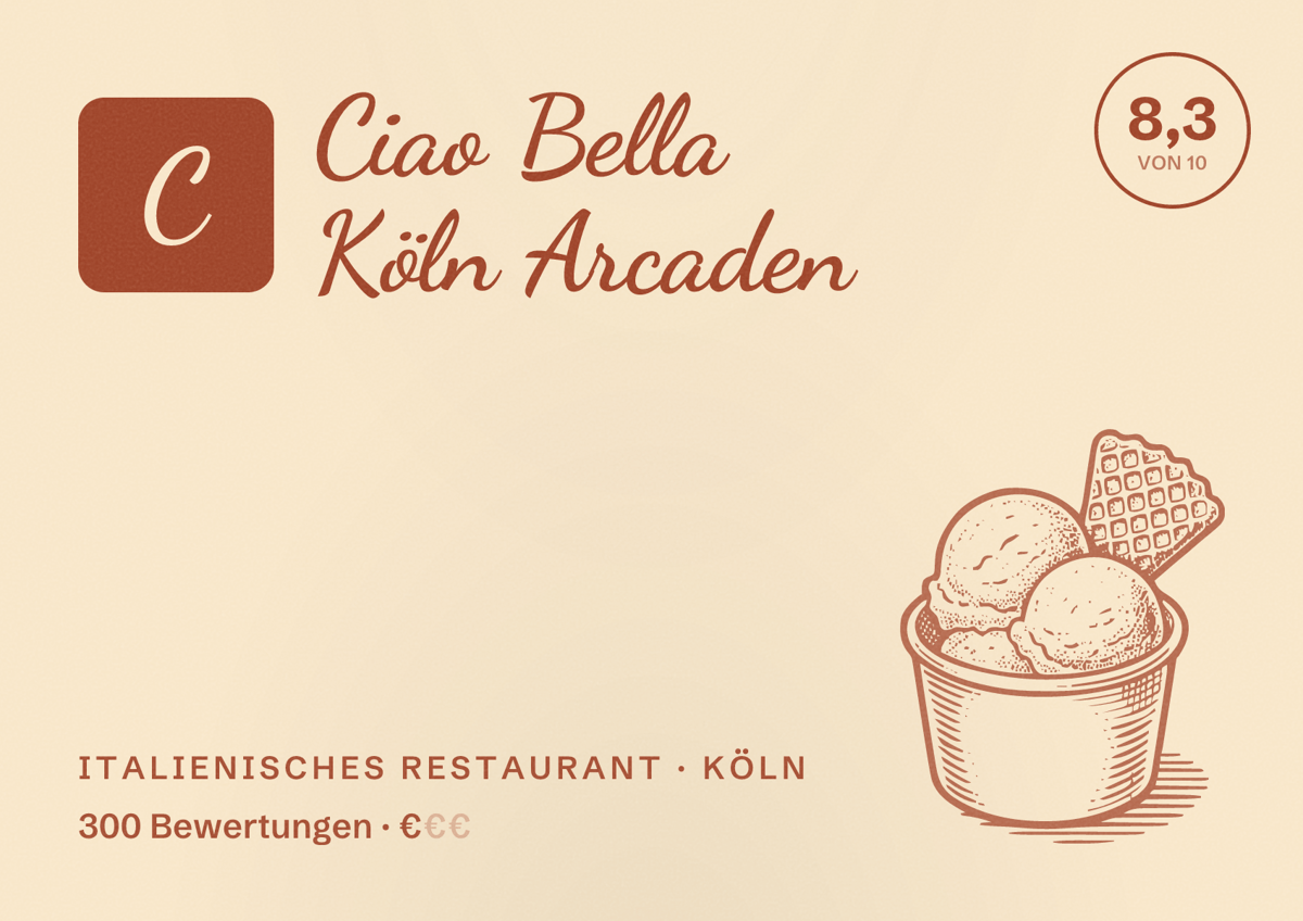 Illustriertes Poster von Ciao Bella Köln Arcaden, Italienisches Restaurant in Köln: Bewertung 8,3 von 10 aus 300 Bewertungen, Preisniveau €