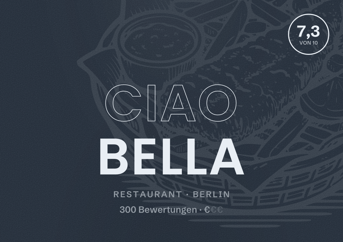 Illustriertes Poster von Ciao Bella, Restaurant in Berlin: Bewertung 7,3 von 10 aus 300 Bewertungen, Preisniveau €