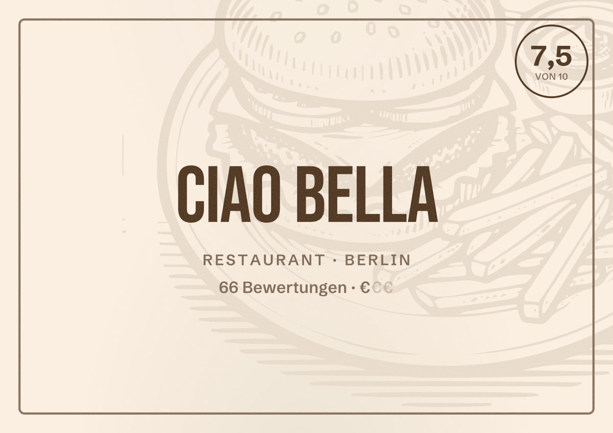 Illustriertes Poster von Ciao Bella, Restaurant in Berlin: Bewertung 7,5 von 10 aus 66 Bewertungen, Preisniveau €