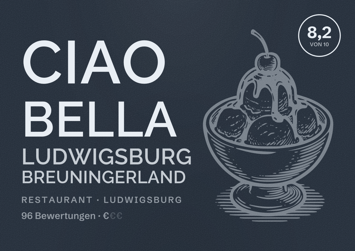 Illustriertes Poster von Ciao Bella Ludwigsburg Breuningerland, Restaurant in Ludwigsburg: Bewertung 8,2 von 10 aus 96 Bewertungen, Preisniveau €