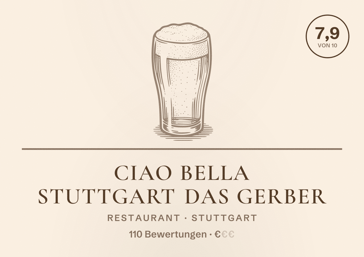 Illustriertes Poster von Ciao Bella Stuttgart Das Gerber, Restaurant in Stuttgart: Bewertung 7,9 von 10 aus 110 Bewertungen, Preisniveau €