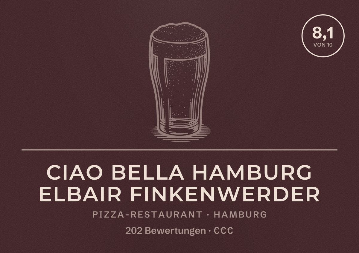 Illustriertes Poster von Ciao Bella Hamburg ElbAir Finkenwerder, Pizza-Restaurant in Hamburg: Bewertung 8,1 von 10 aus 202 Bewertungen, Preisniveau €€€